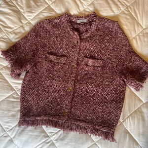 J. Crew Marled Burgundy Bouclé Short-Sleeve Cardigan with Gold Buttons
